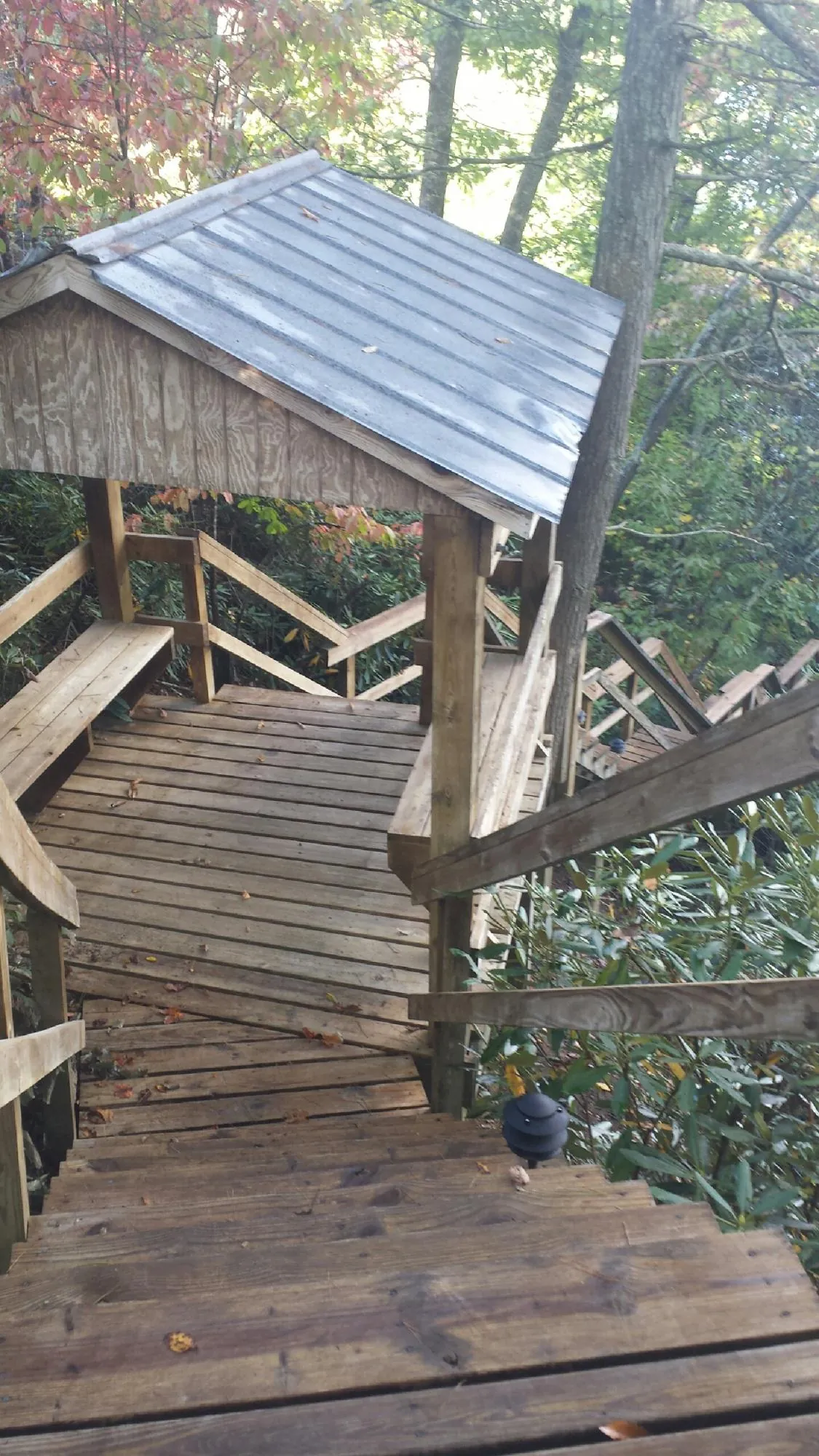 Metal roofed shelter over wooden steps on a wooded walkway — Skylight Repair & Installation work by our crew in New Tazewell